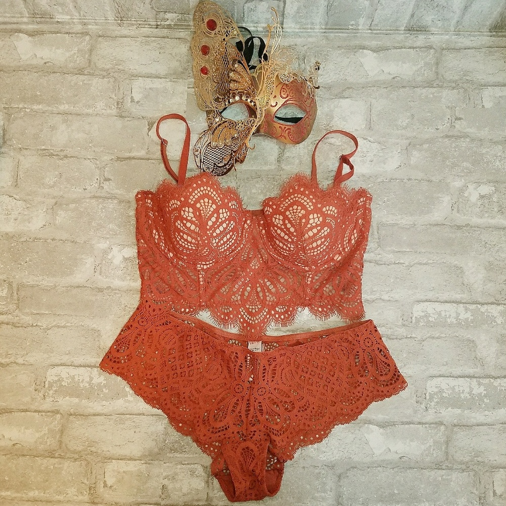 Beautiful Orange Lace Bustier and Panty Set
